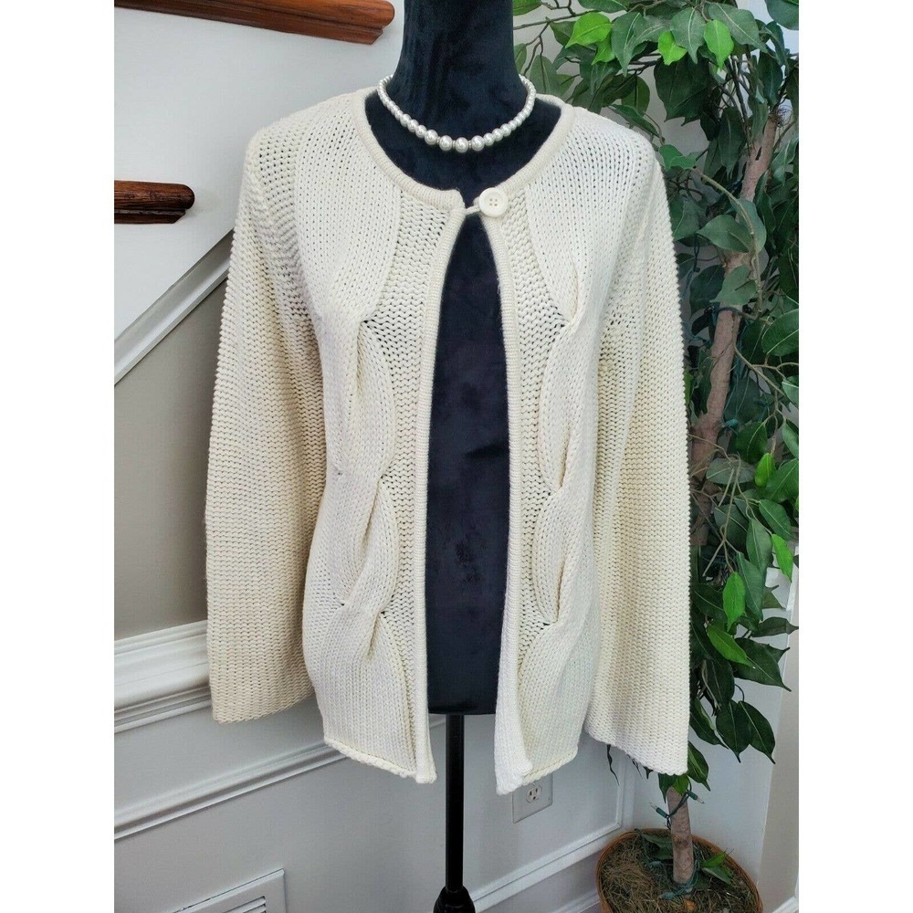 Coco +‎ Capers Women's Ivory 100% Acrylic Long Sleeve Open Front Long Cardigan L